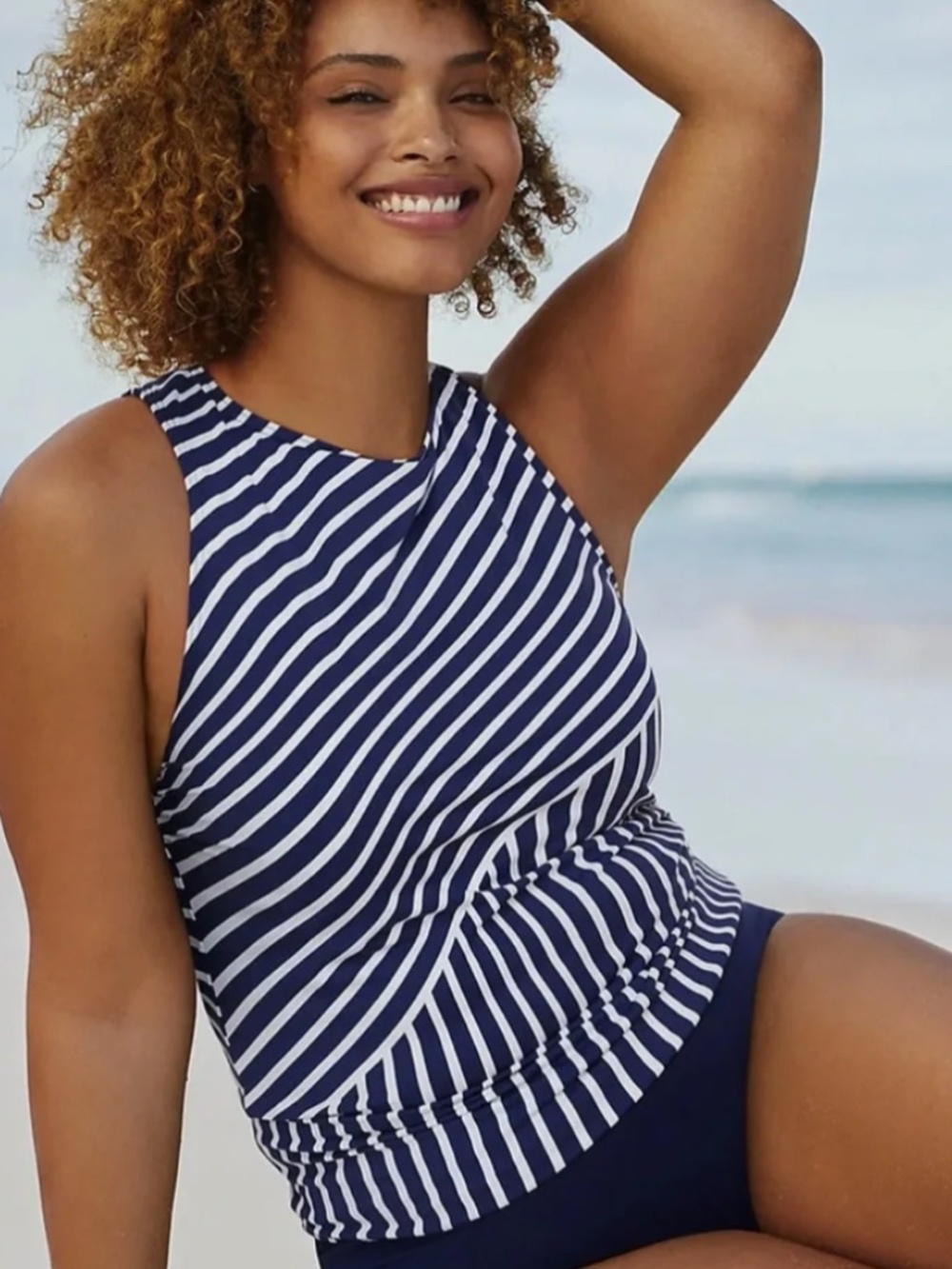 Lands End Nautical Navy Blue White Striped Tankini Swim Top size 10 DDD